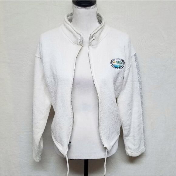 𝅺VINTAGE 1990s Exist White Gray Striped Full-zip Terry Cloth Cropped Sweater - Picture 6 of 11